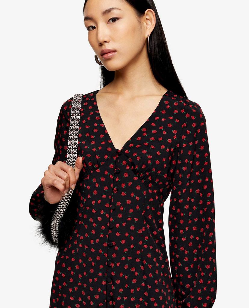 TOPSHOP - Đầm midi cổ V tay dài Floral Rose Print Button