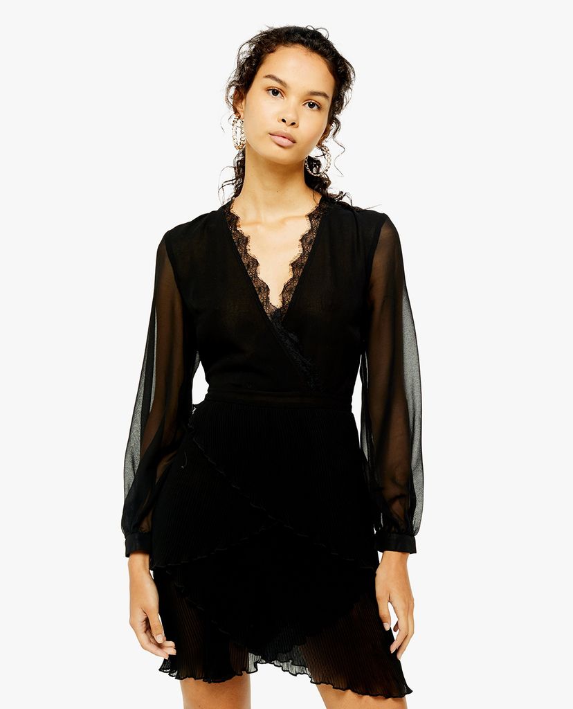 TOPSHOP - Đầm mini cổ V Black Pleated Ruffle