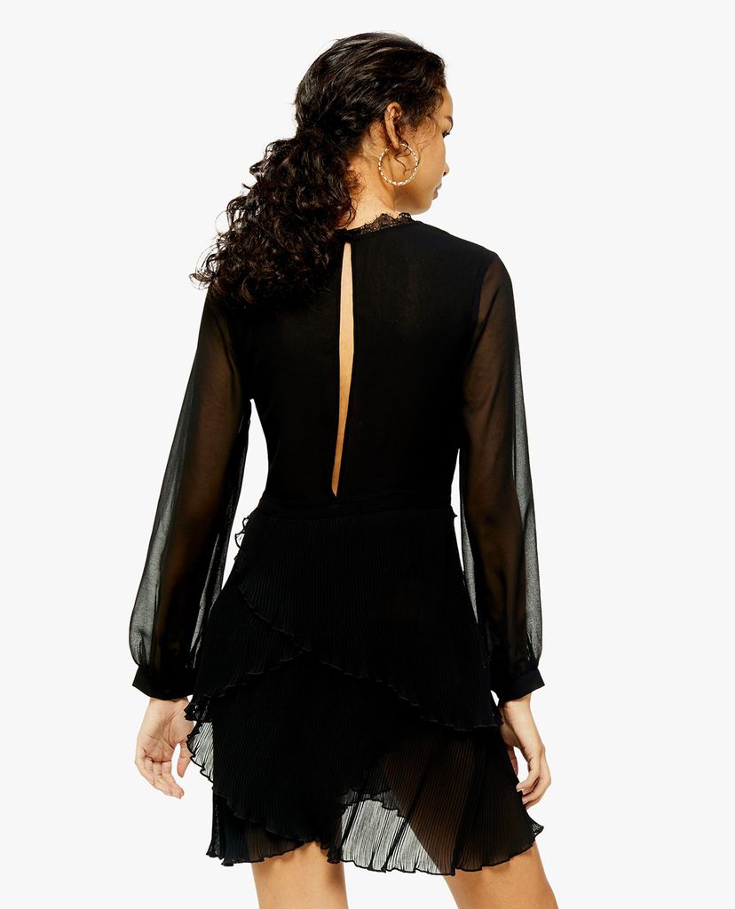 TOPSHOP - Đầm mini cổ V Black Pleated Ruffle