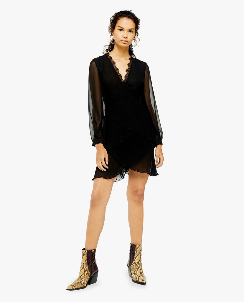 TOPSHOP - Đầm mini cổ V Black Pleated Ruffle