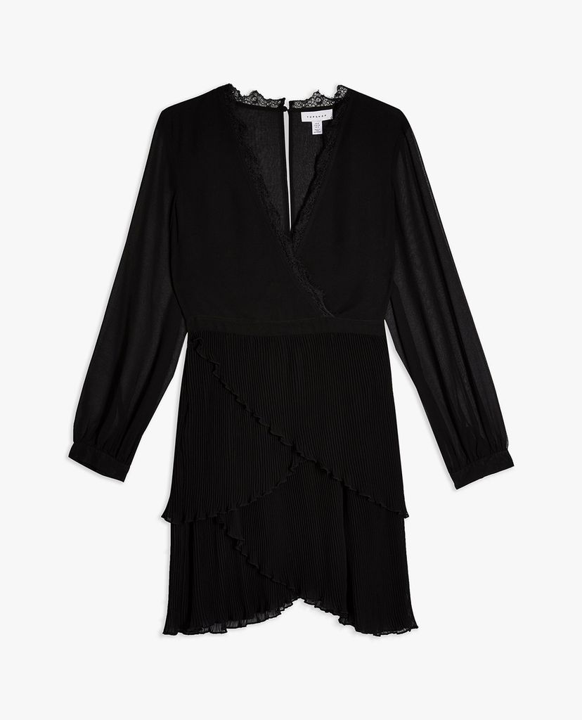 TOPSHOP - Đầm mini cổ V Black Pleated Ruffle