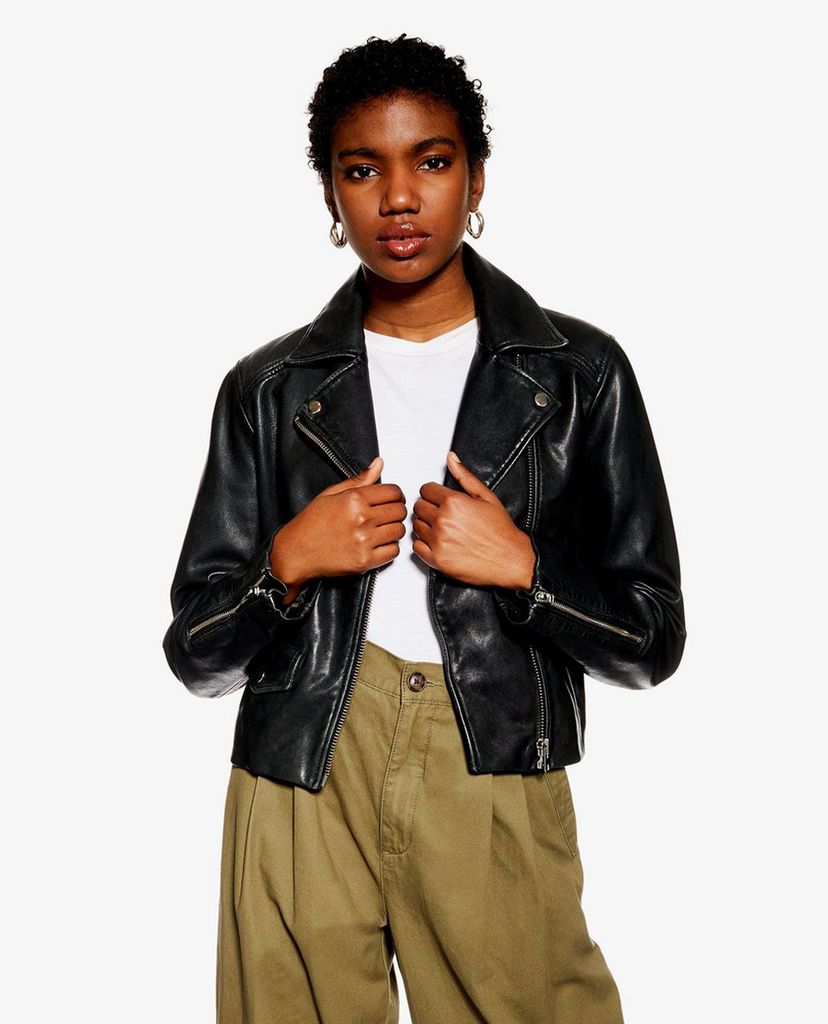 TOPSHOP - Áo khoác da nữ cổ bẻ Black Leather Biker