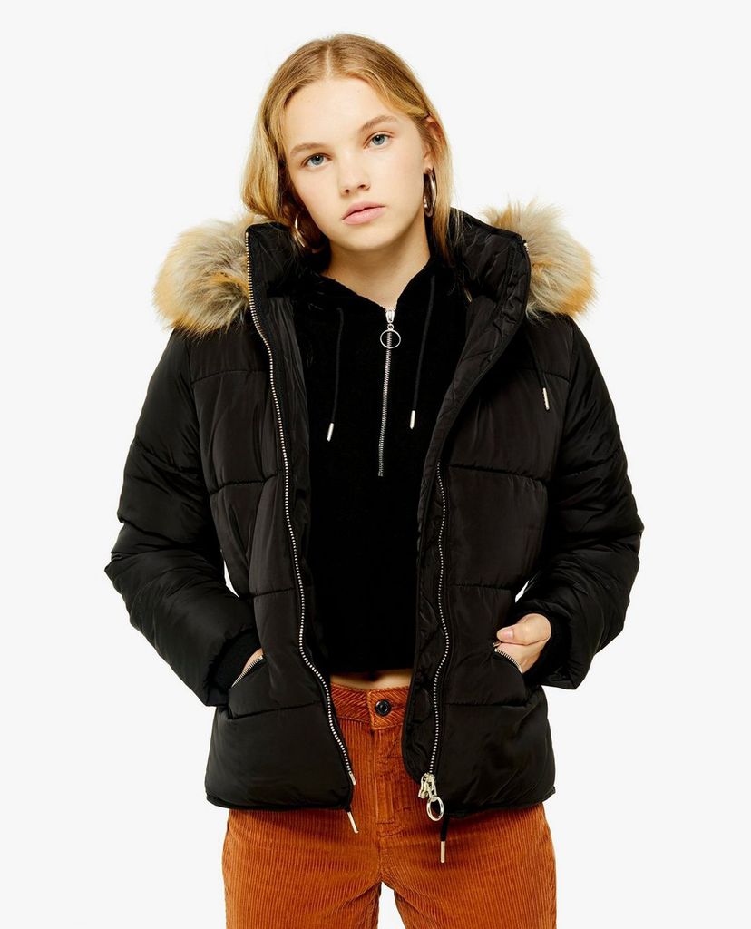 TOPSHOP - Áo khoác nữ phối lông Black Detachable Faux Fur Hooded Padded Puffer