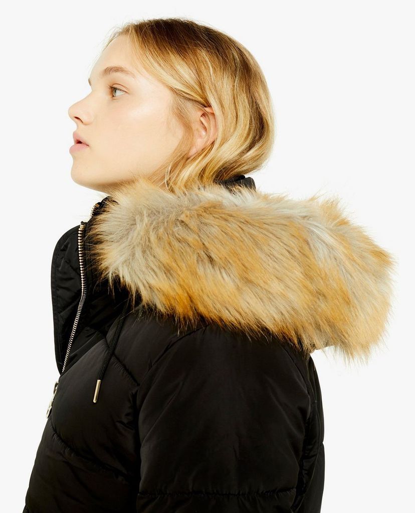 TOPSHOP - Áo khoác nữ phối lông Black Detachable Faux Fur Hooded Padded Puffer