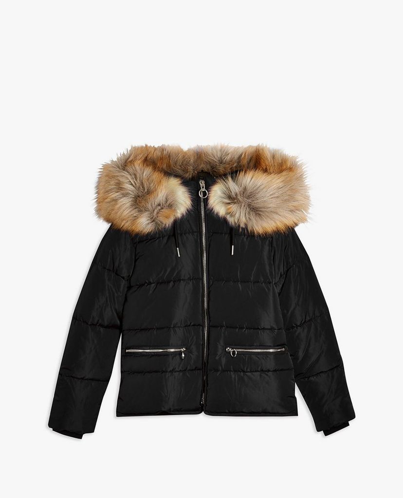 TOPSHOP - Áo khoác nữ phối lông Black Detachable Faux Fur Hooded Padded Puffer