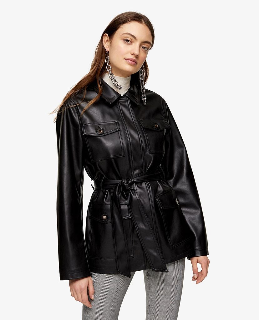 TOPSHOP - Áo khoác da nữ phối thắt lưng Black Faux Leather