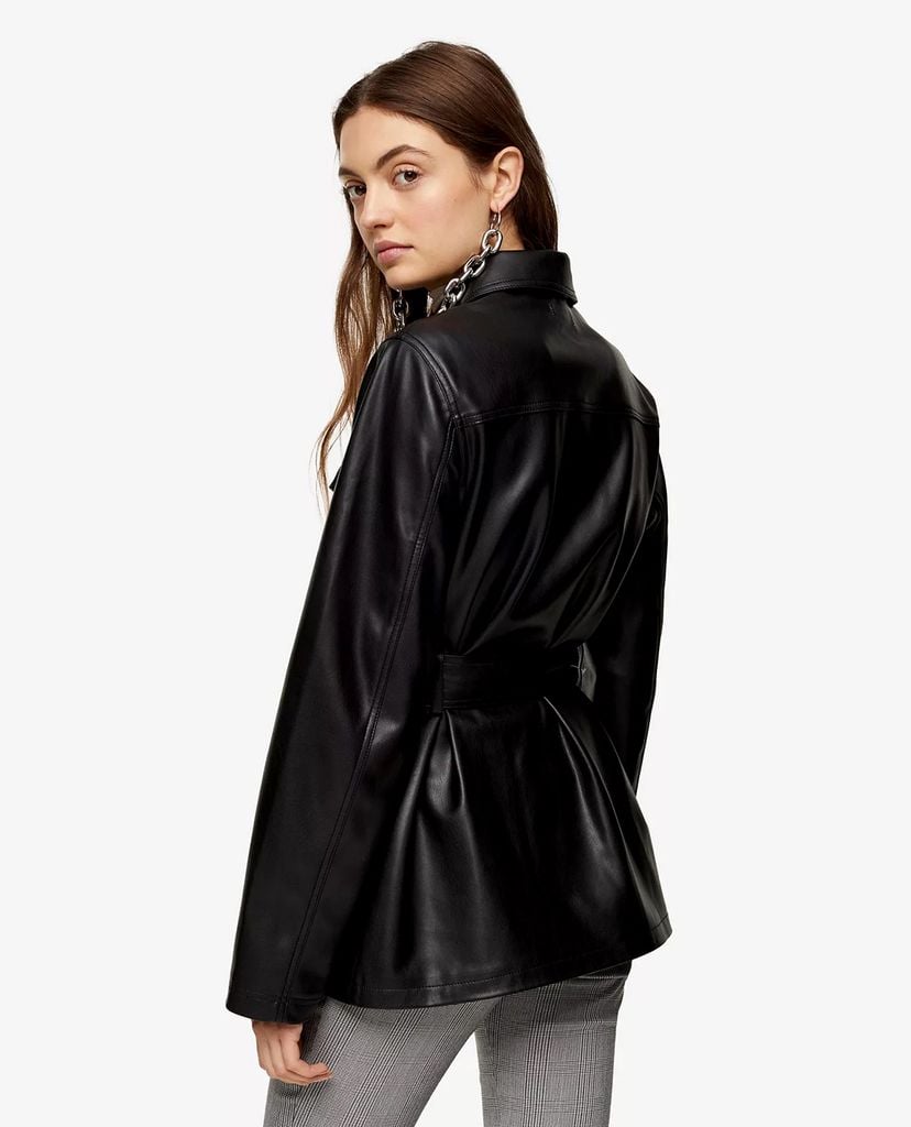 TOPSHOP - Áo khoác da nữ phối thắt lưng Black Faux Leather