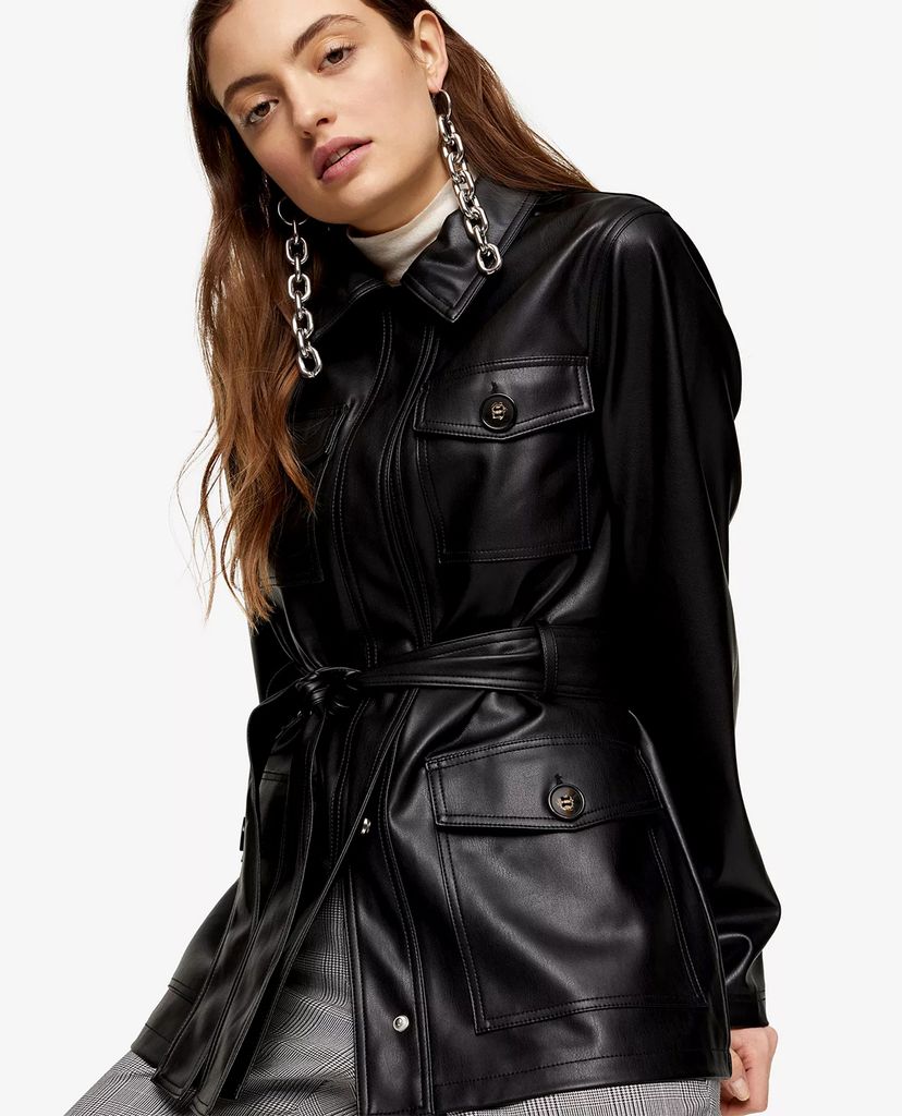 TOPSHOP - Áo khoác da nữ phối thắt lưng Black Faux Leather