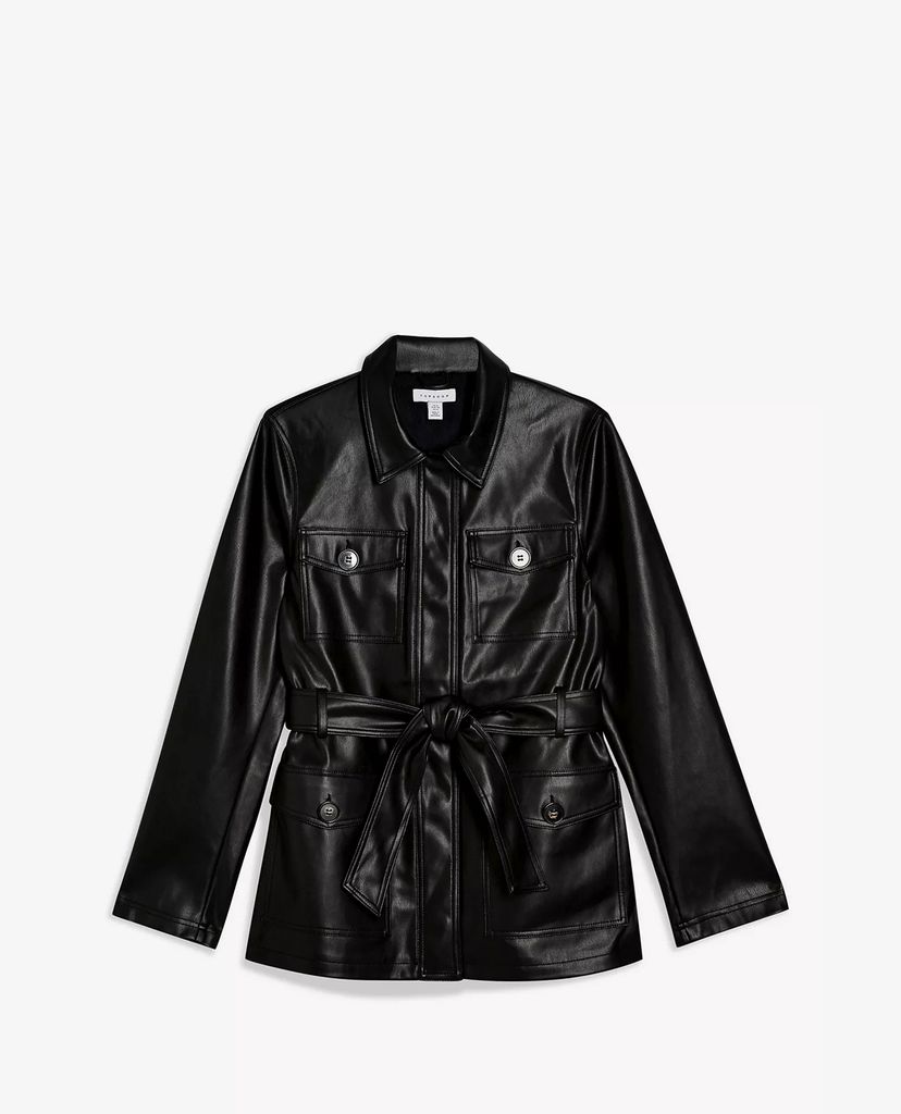 TOPSHOP - Áo khoác da nữ phối thắt lưng Black Faux Leather
