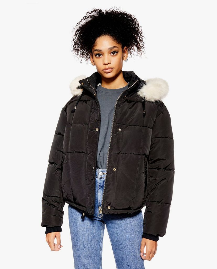 TOPSHOP - Áo khoác phao nữ cổ bẻ phối lông thời trang