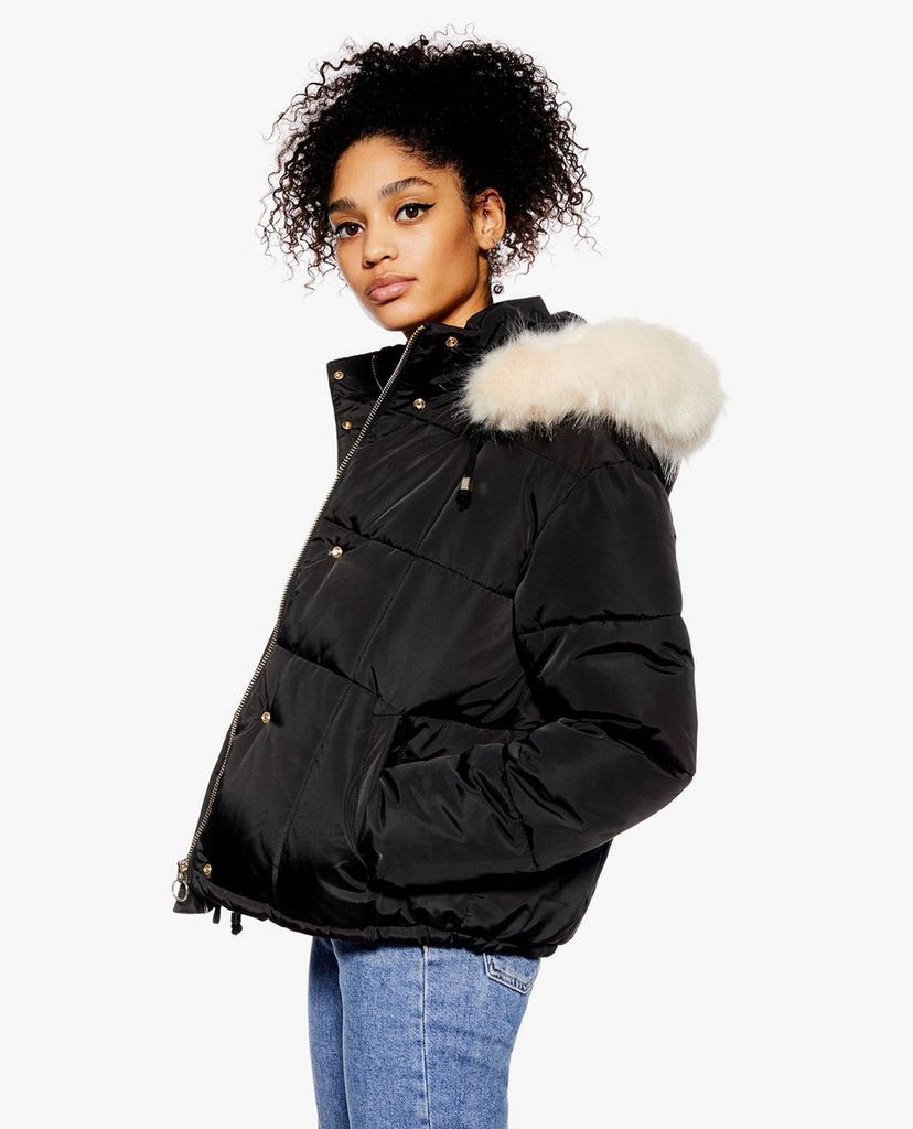 TOPSHOP - Áo khoác phao nữ cổ bẻ phối lông thời trang
