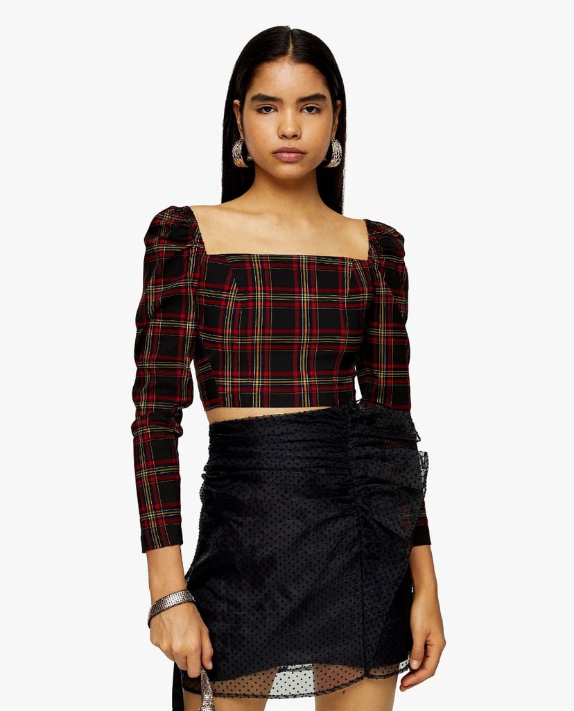 TOPSHOP - Áo croptop nữ cổ vuông Black Tartan Long Sleeve