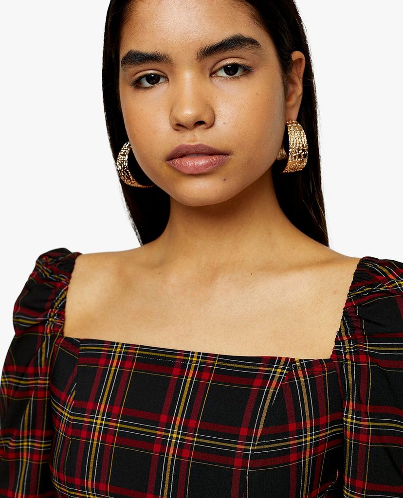 TOPSHOP - Áo croptop nữ cổ vuông Black Tartan Long Sleeve