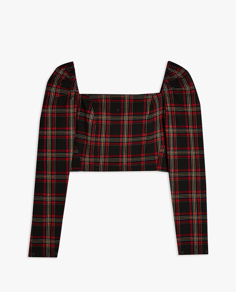 TOPSHOP - Áo croptop nữ cổ vuông Black Tartan Long Sleeve