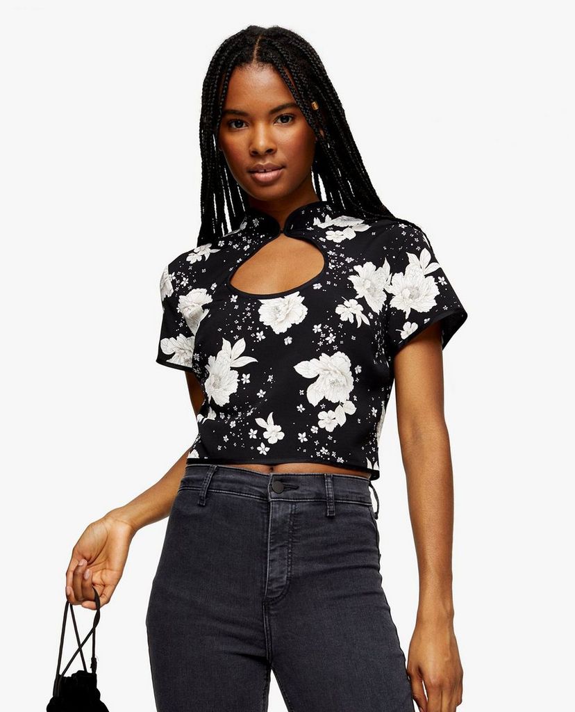 TOPSHOP - Áo croptop ngắn tay Black Floral Print Keyhole