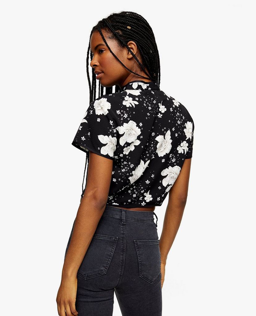 TOPSHOP - Áo croptop ngắn tay Black Floral Print Keyhole