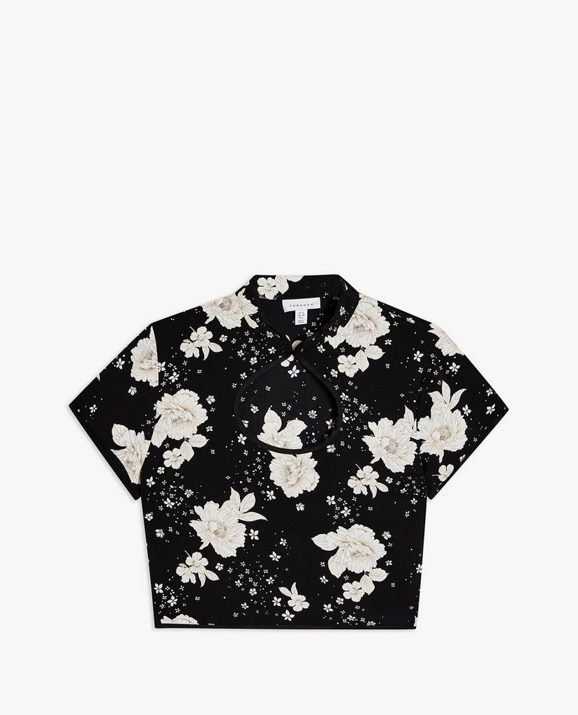 TOPSHOP - Áo croptop ngắn tay Black Floral Print Keyhole