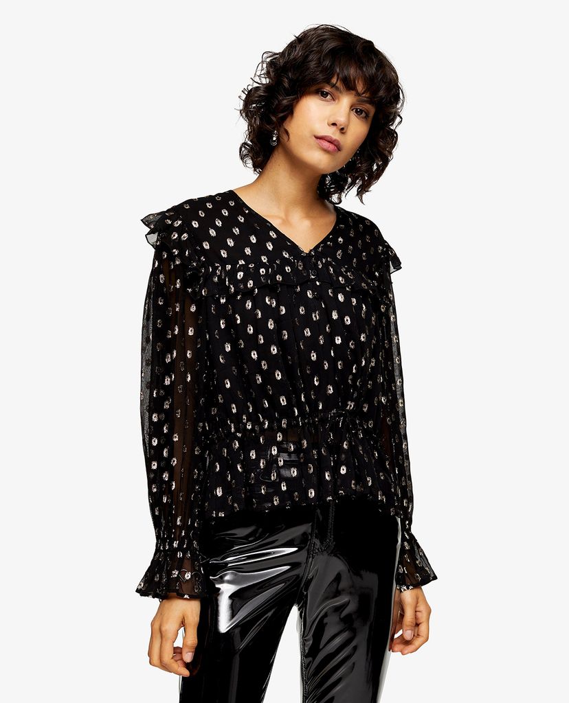 TOPSHOP - Áo kiểu nữ cổ V tay dài Black Glitter Dobby Frill