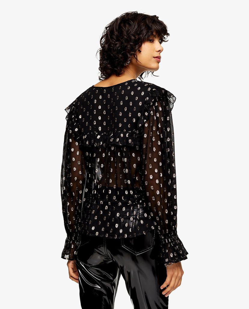 TOPSHOP - Áo kiểu nữ cổ V tay dài Black Glitter Dobby Frill