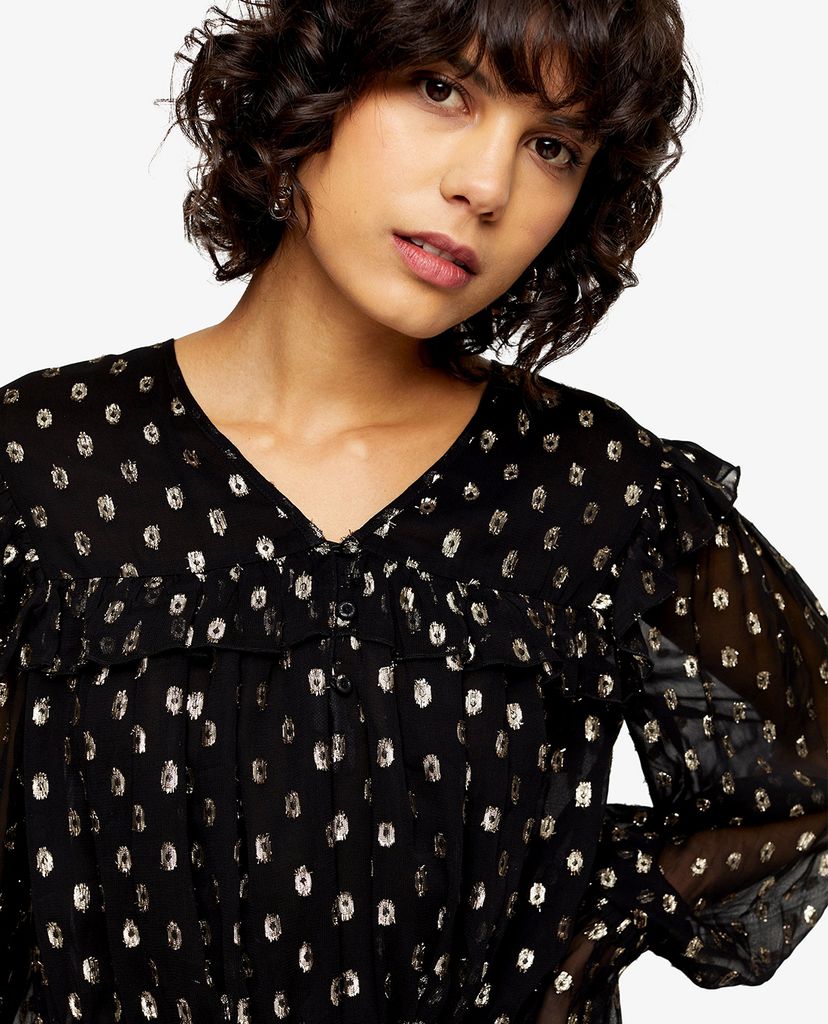 TOPSHOP - Áo kiểu nữ cổ V tay dài Black Glitter Dobby Frill