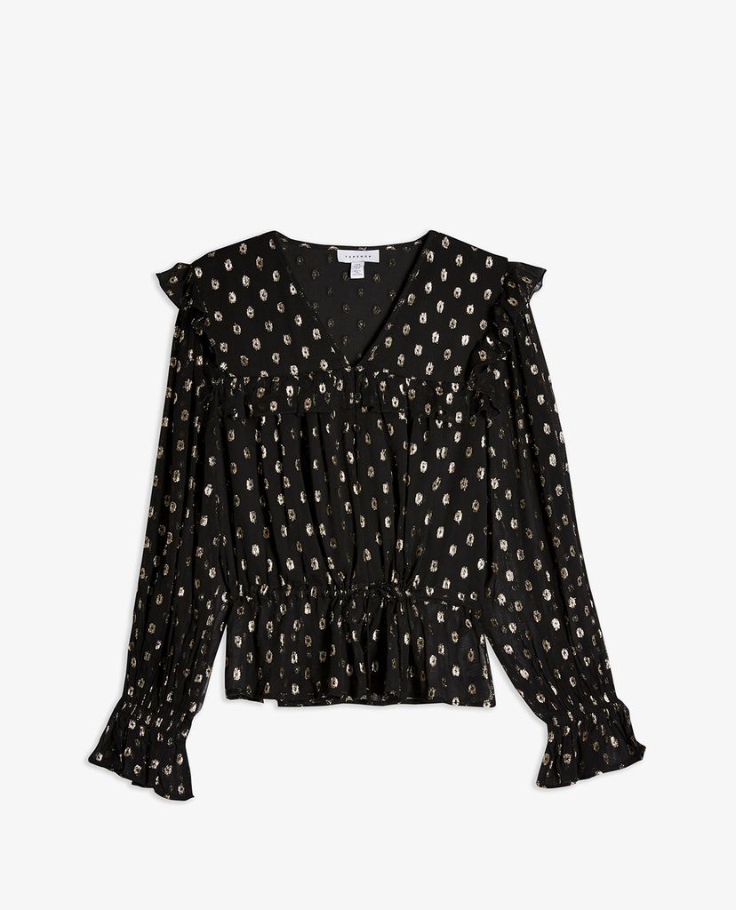 TOPSHOP - Áo kiểu nữ cổ V tay dài Black Glitter Dobby Frill