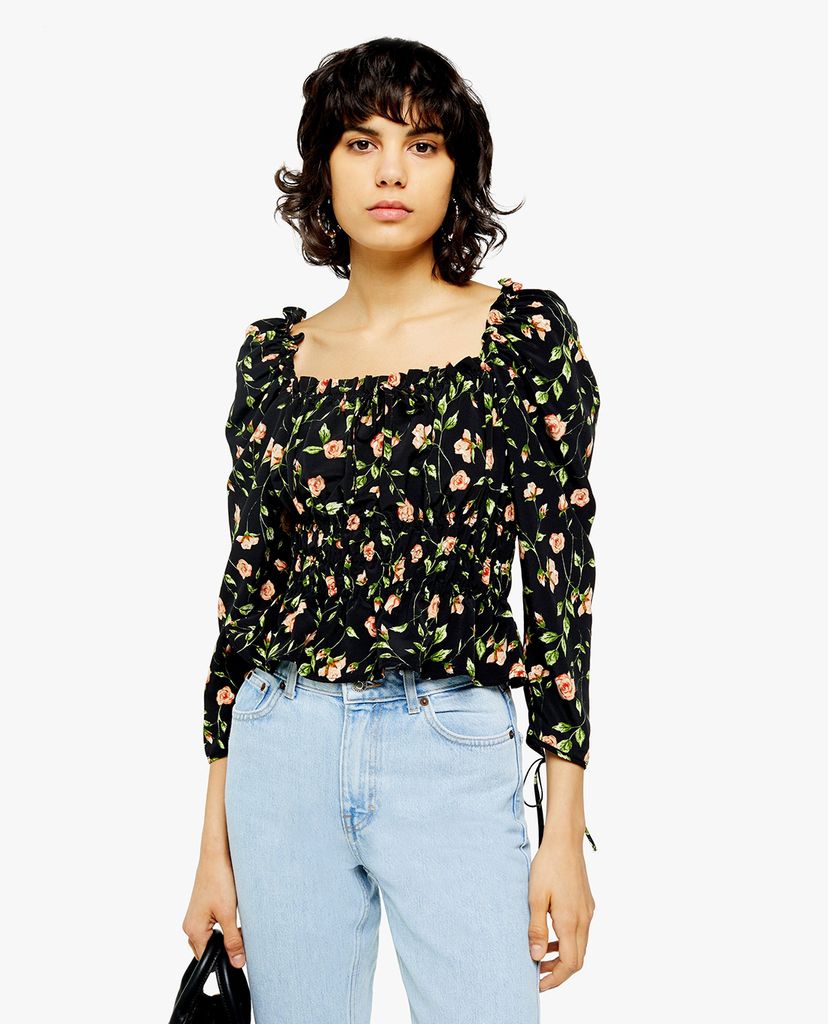 TOPSHOP - Áo kiểu nữ cổ vuông tay dài Floral Print Ruffle Trimmed Crepe