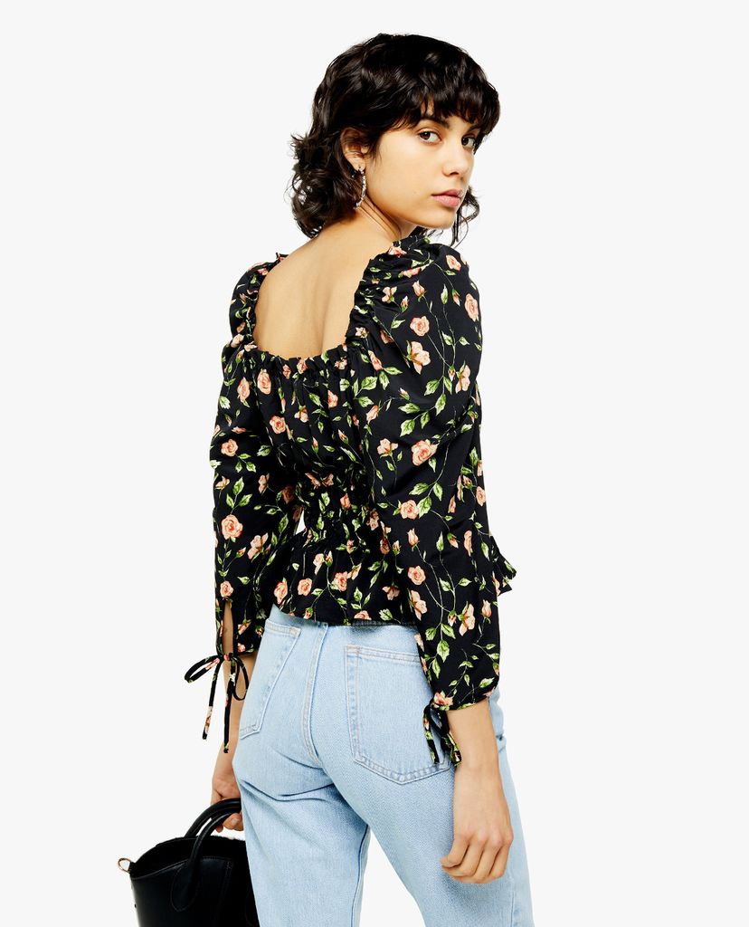 TOPSHOP - Áo kiểu nữ cổ vuông tay dài Floral Print Ruffle Trimmed Crepe