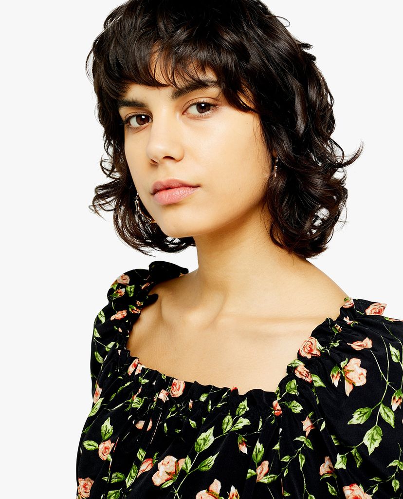 TOPSHOP - Áo kiểu nữ cổ vuông tay dài Floral Print Ruffle Trimmed Crepe