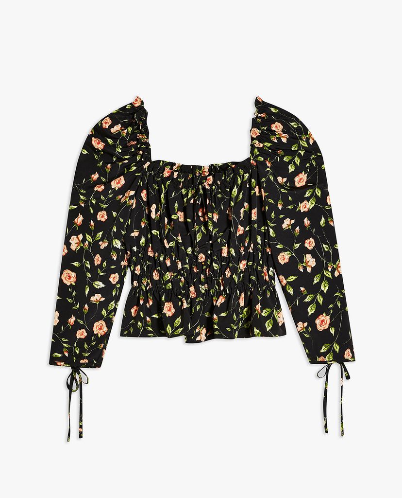 TOPSHOP - Áo kiểu nữ cổ vuông tay dài Floral Print Ruffle Trimmed Crepe
