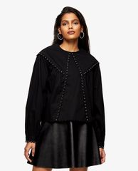 TOPSHOP - Áo kiểu nữ cổ tròn tay dài đính đinh tán Black Stud Yoke Collar