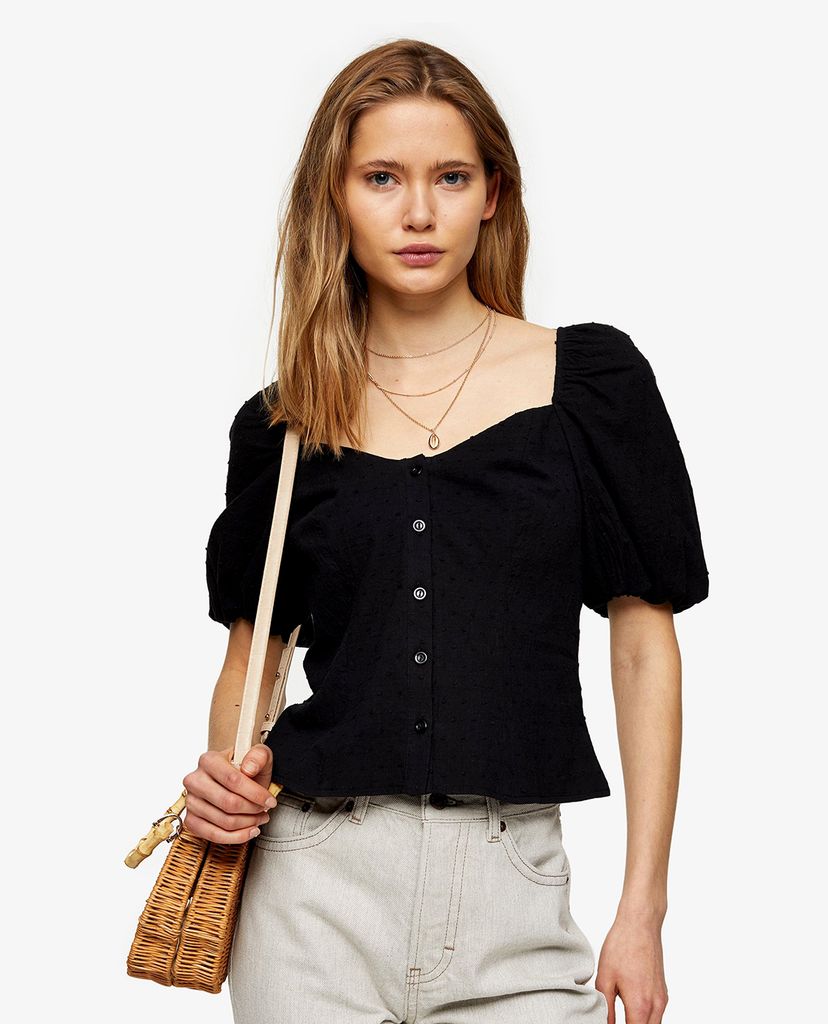 TOPSHOP - Áo kiểu nữ cổ vuông Black Dobby Button Through