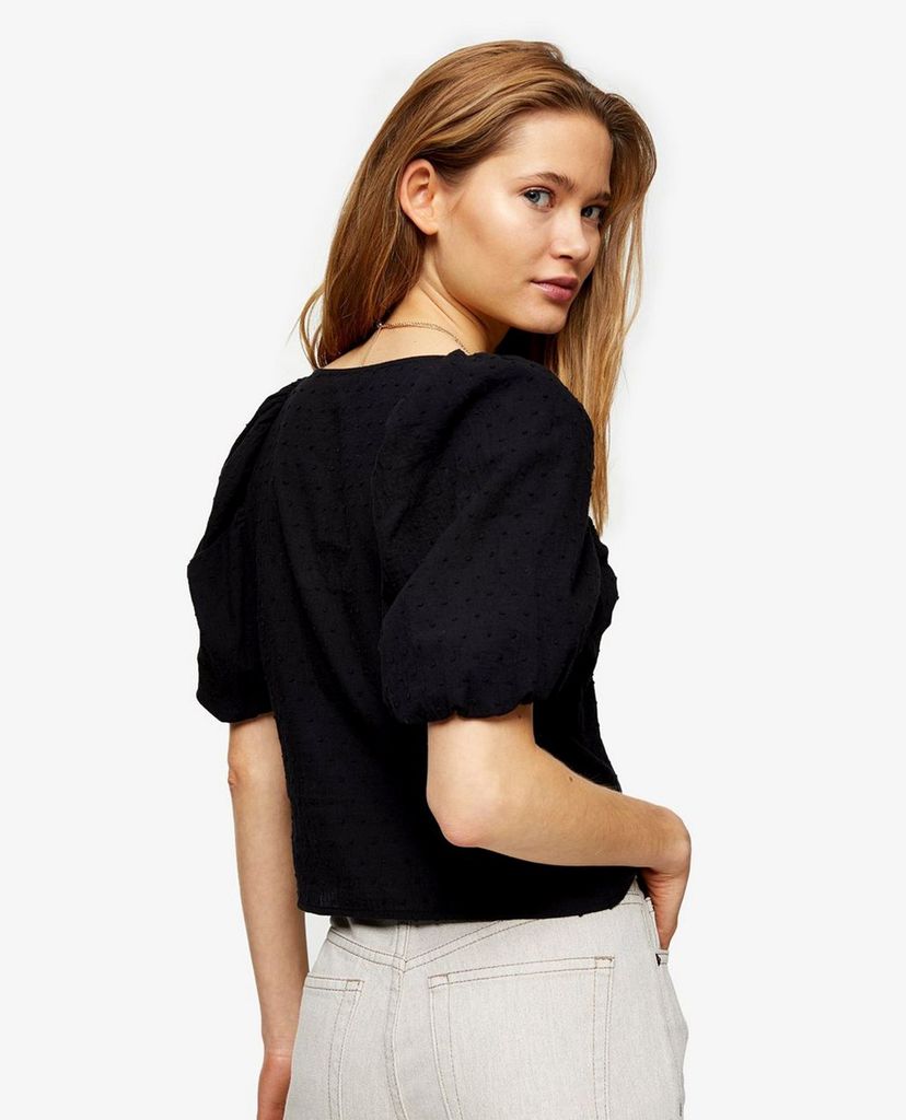 TOPSHOP - Áo kiểu nữ cổ vuông Black Dobby Button Through