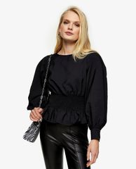 TOPSHOP - Áo kiểu nữ cổ tròn tay dài Black Blouse With Gathered