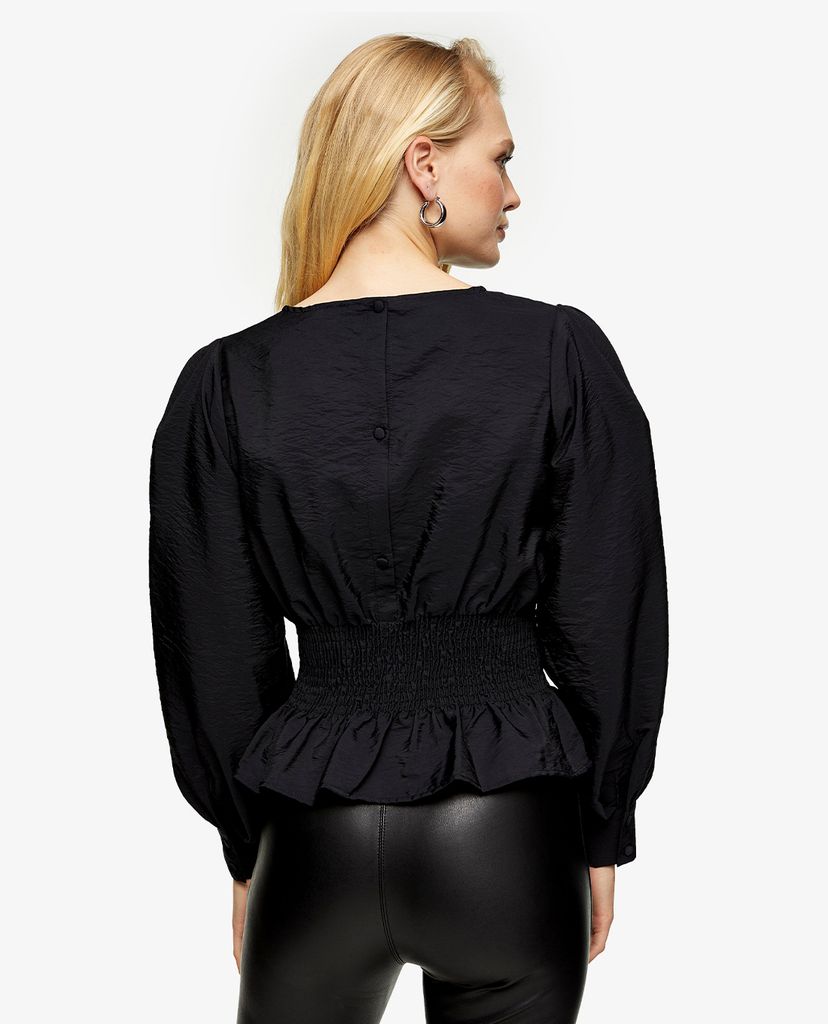 TOPSHOP - Áo kiểu nữ cổ tròn tay dài Black Blouse With Gathered