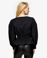 TOPSHOP - Áo kiểu nữ cổ tròn tay dài Black Blouse With Gathered