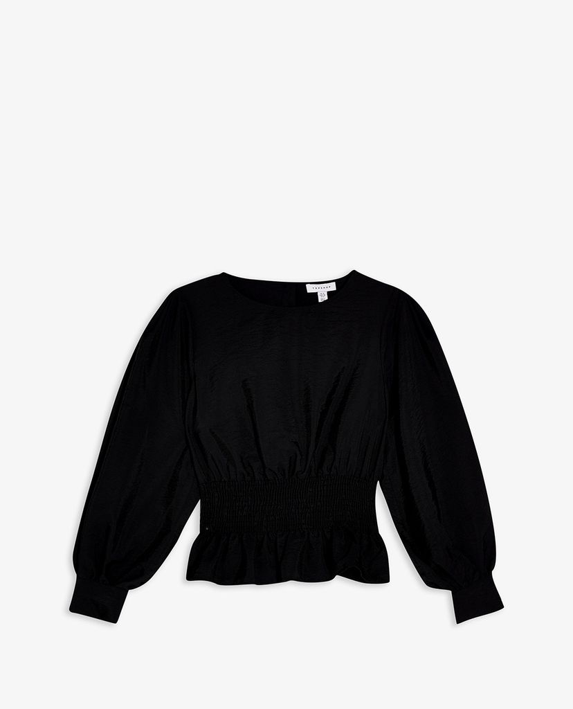 TOPSHOP - Áo kiểu nữ cổ tròn tay dài Black Blouse With Gathered