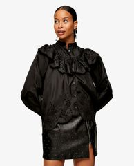 TOPSHOP - Áo kiểu nữ cổ cao tay dài Black Embroidered Yoke