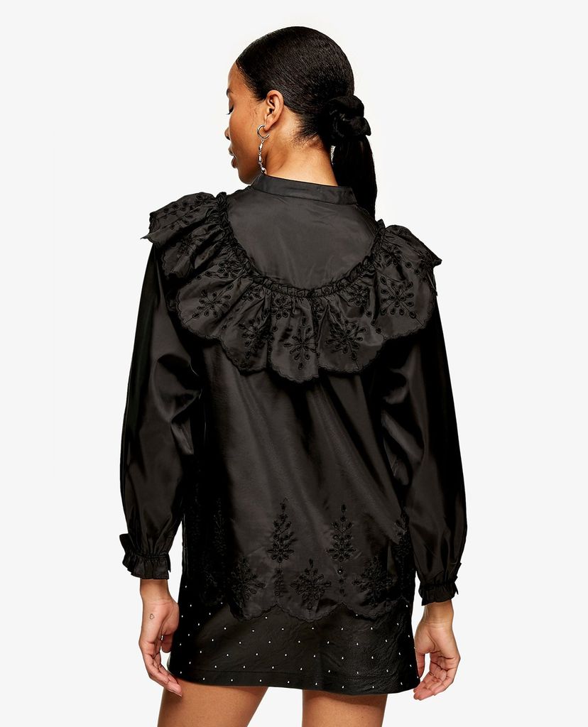 TOPSHOP - Áo kiểu nữ cổ cao tay dài Black Embroidered Yoke