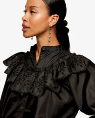 TOPSHOP - Áo kiểu nữ cổ cao tay dài Black Embroidered Yoke