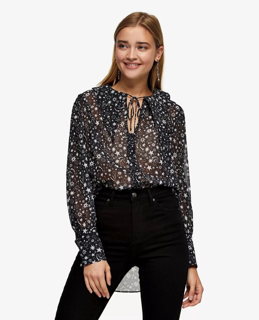 TOPSHOP - Áo kiểu nữ cổ tròn tay dài Black Oversized Star Collar
