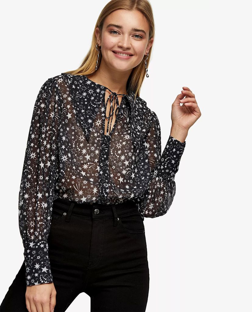 TOPSHOP - Áo kiểu nữ cổ tròn tay dài Black Oversized Star Collar