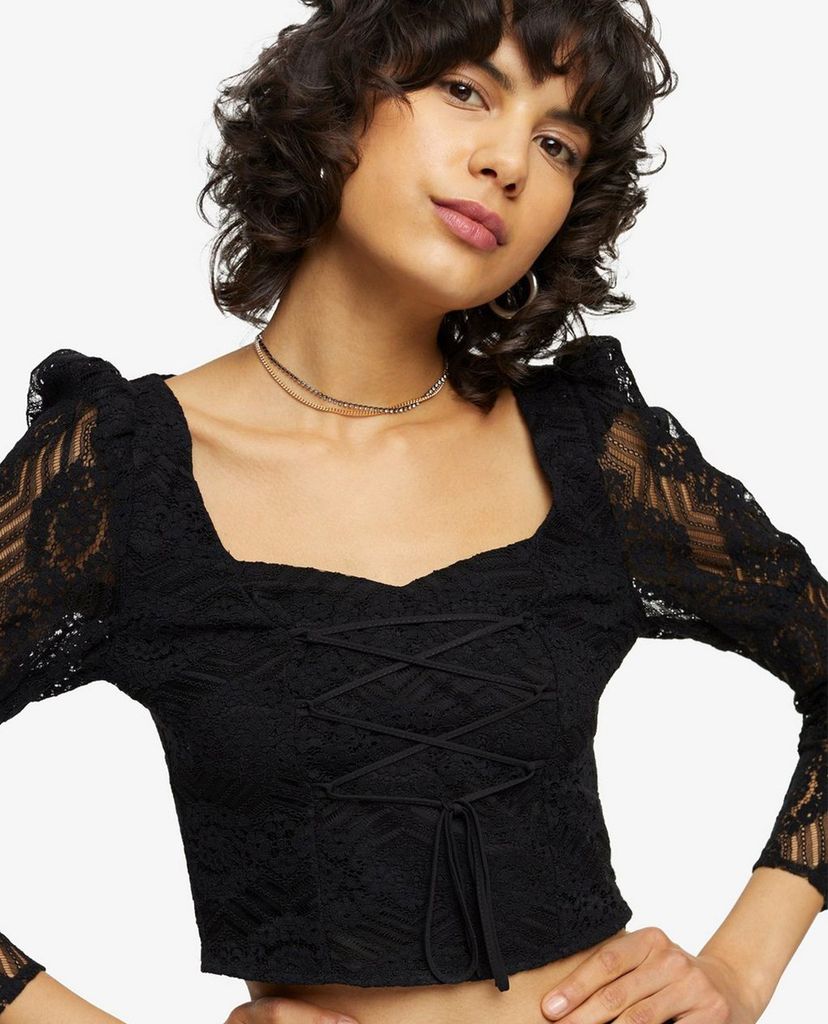 TOPSHOP - Áo kiểu nữ cổ vuông tay dài Black Lace Corset Prairie
