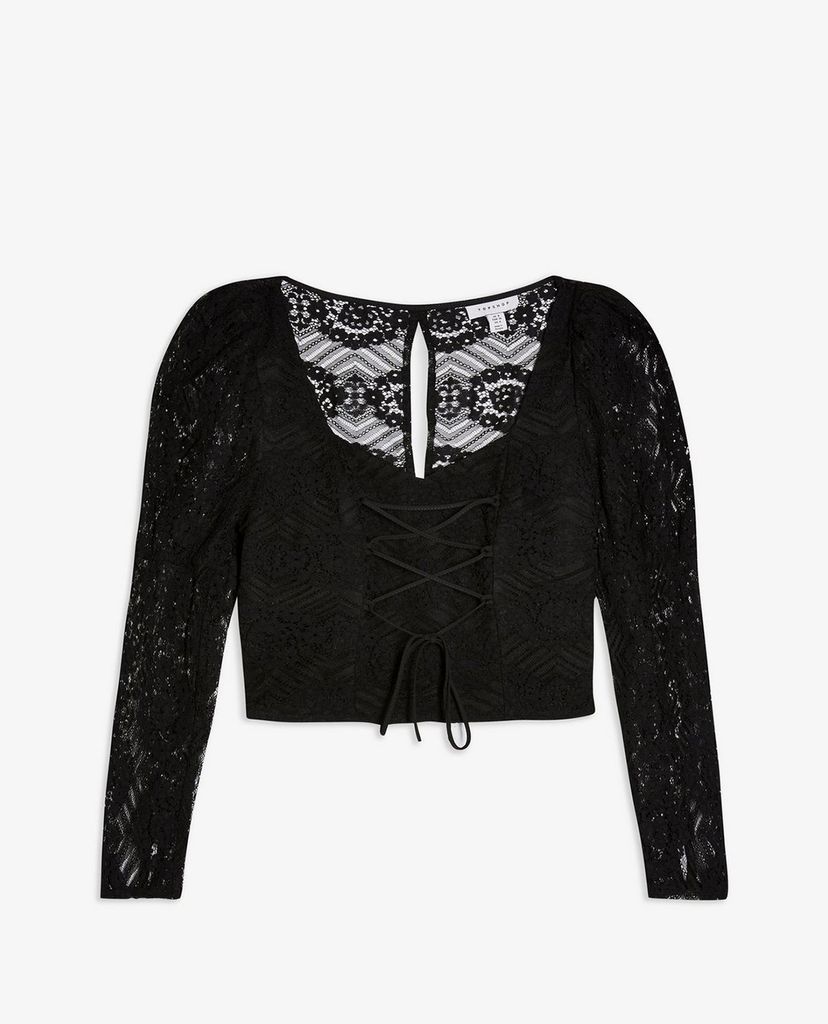 TOPSHOP - Áo kiểu nữ cổ vuông tay dài Black Lace Corset Prairie