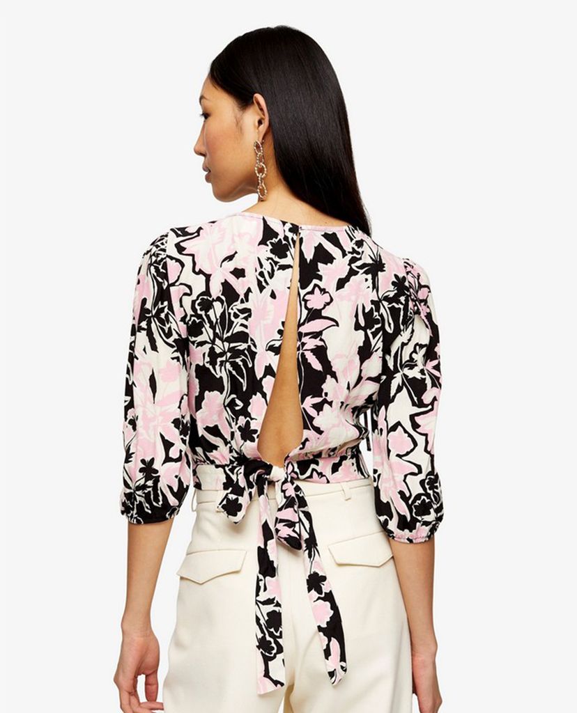 TOPSHOP - Áo kiểu nữ croptop cổ V tay lỡ phối họa tiết hoa