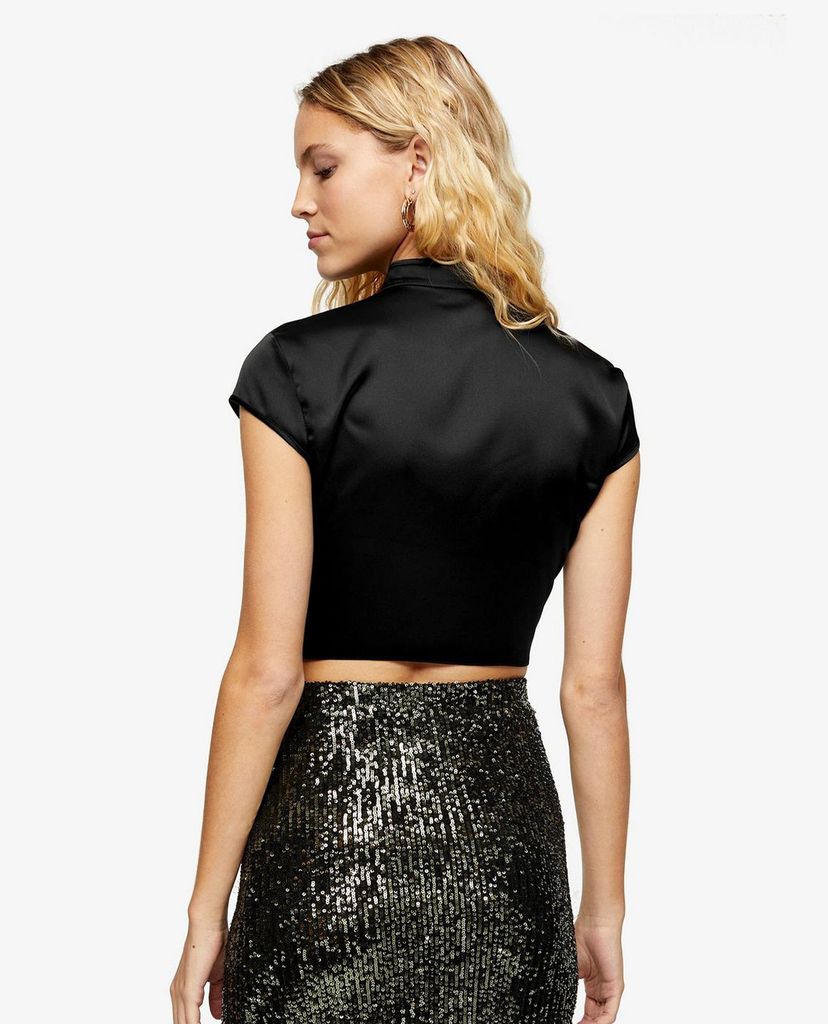 TOPSHOP - Áo croptop ngắn tay Black Printed Keyhole