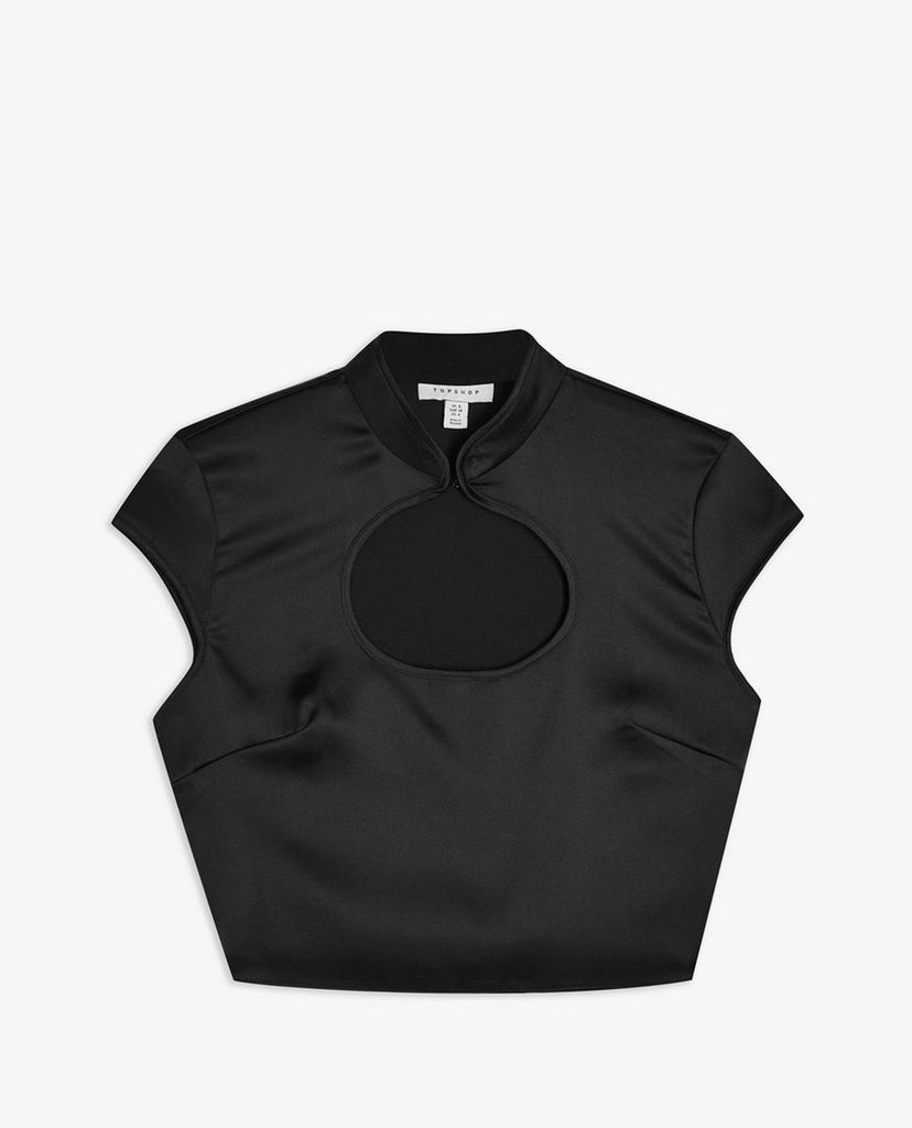 TOPSHOP - Áo croptop ngắn tay Black Printed Keyhole