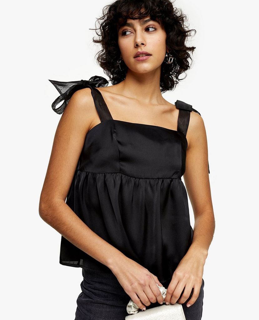 TOPSHOP - Áo kiểu nữ hai dây Black Satin Tie Shoulder