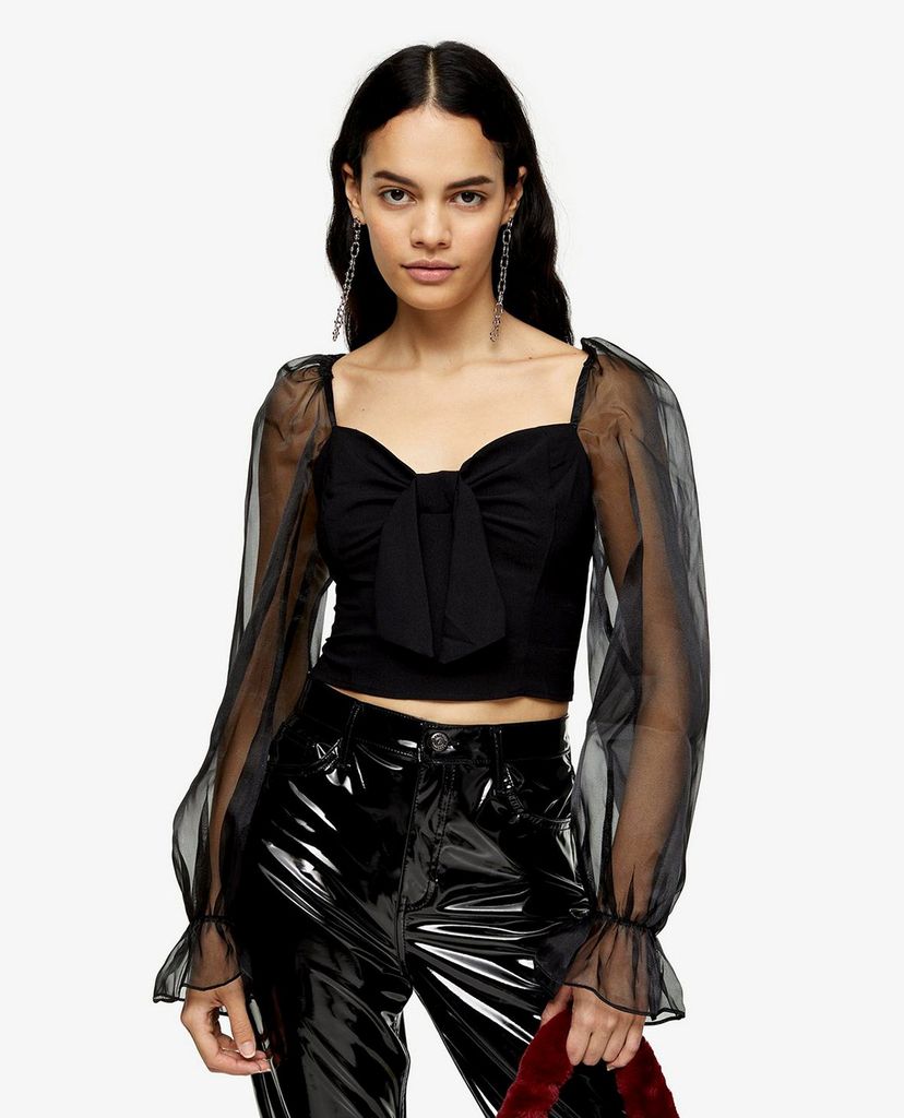 TOPSHOP - Áo croptop cổ vuông tay dài Black Sheer Organza