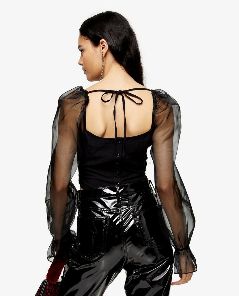 TOPSHOP - Áo croptop cổ vuông tay dài Black Sheer Organza