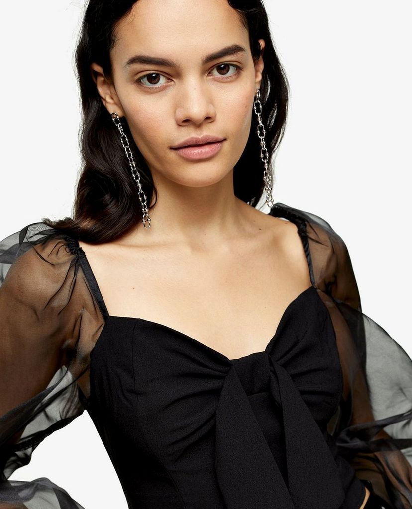 TOPSHOP - Áo croptop cổ vuông tay dài Black Sheer Organza